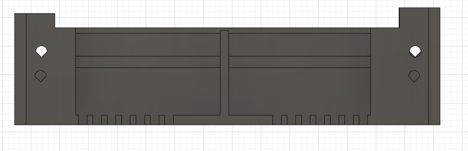Front CAD view of the ESP32-CAM holder showing the pin-access slots