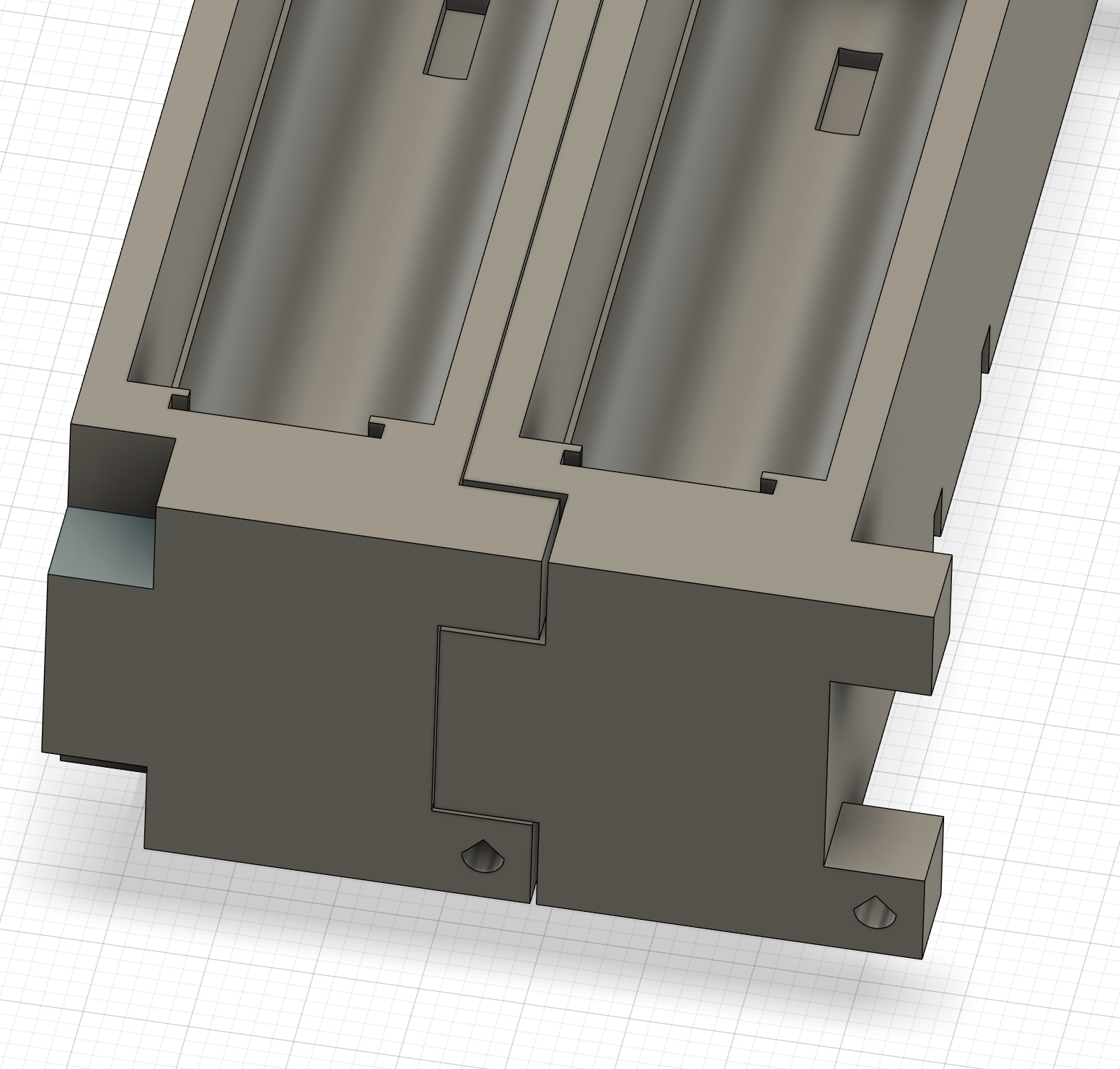 Perspective view of the assembled components showing the mating edge features and clearance