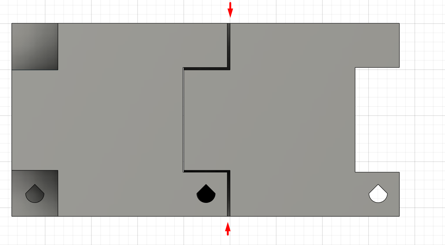 Plan view of two assembled edge-aligned components, with arrows marking the joint-end clearance gaps