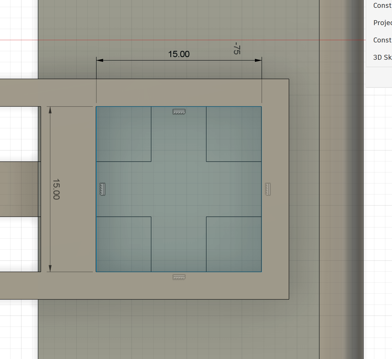CAD example of a 15 by 15 mm fitting-hole layout with a 5 by 5 mm feature at each of its four corners