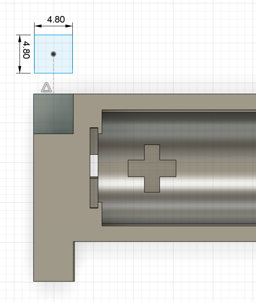 CAD sketch of a 4.8 by 4.8 mm connector centred on its notch reference